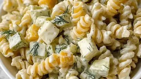 Zesty dill pickle pasta salad served in a bowl, perfect for summer gatherings.