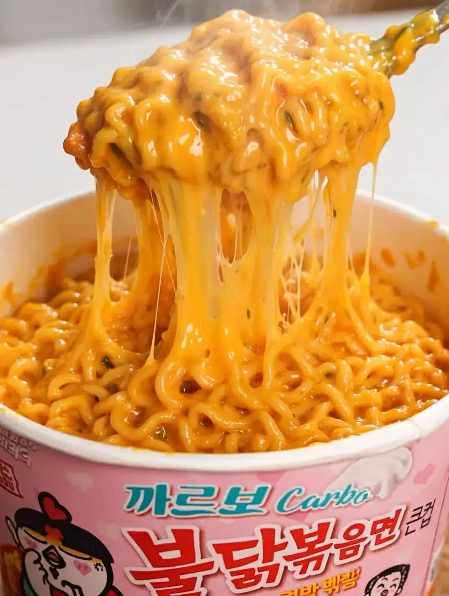 Bowl of carbonara spicy chicken ramen topped with herbs and chili.