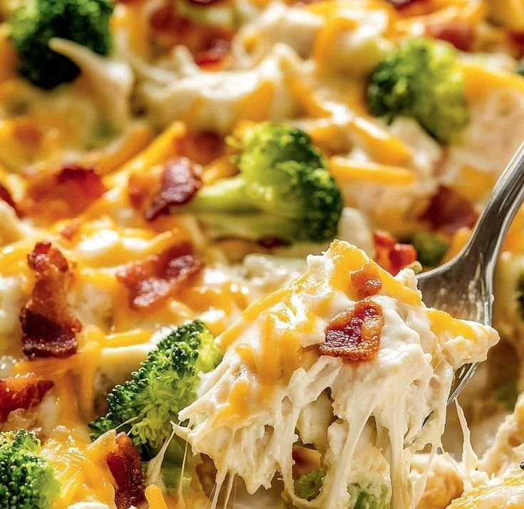 Creamy low carb chicken casserole dish in a baking dish, ready to serve
