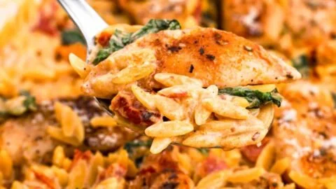 Creamy sun-dried tomato chicken orzo served in a bowl topped with herbs