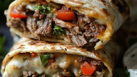 Crispy grilled wraps filled with Philly cheesesteak ingredients