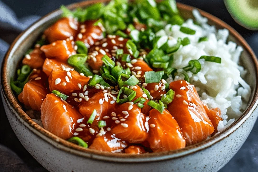 Crispy salmon on a bed of rice in a bowl, garnished with vegetables.