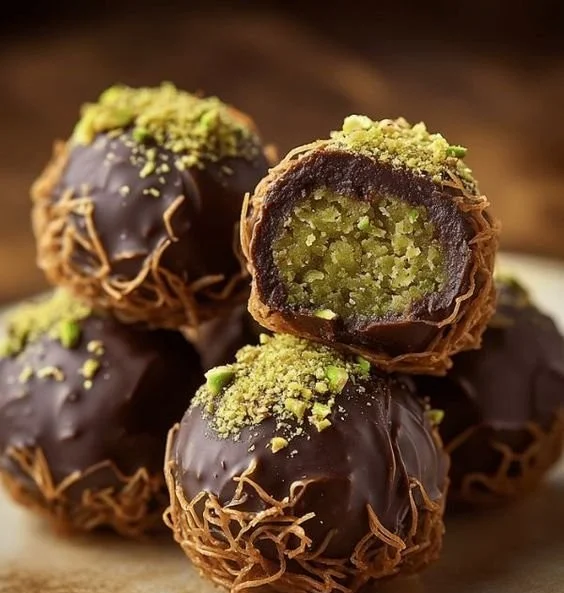 Delicious Dubai chocolate balls arranged on a plate.
