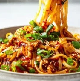 Bowl of Easy Szechuan Noodles garnished with green onions and sesame seeds