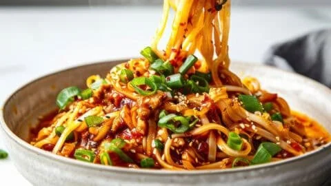 Bowl of Easy Szechuan Noodles garnished with green onions and sesame seeds