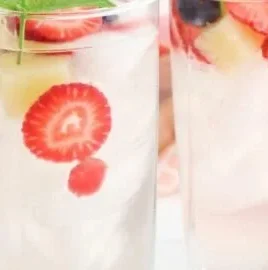 Fruit infused coconut water with tropical fruits and fresh coconut.