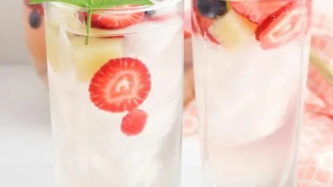 Fruit infused coconut water with tropical fruits and fresh coconut.