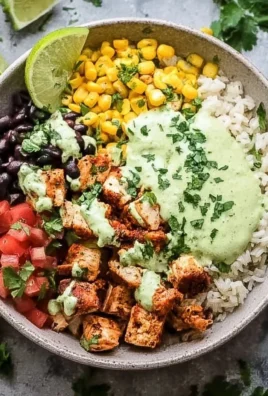 High protein chicken burrito bowl loaded with fresh ingredients and flavor