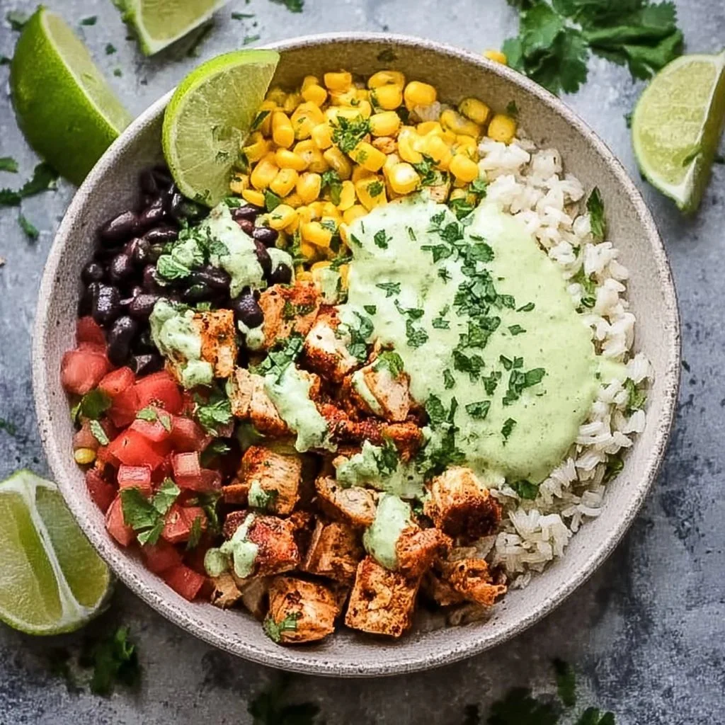 High protein chicken burrito bowl loaded with fresh ingredients and flavor