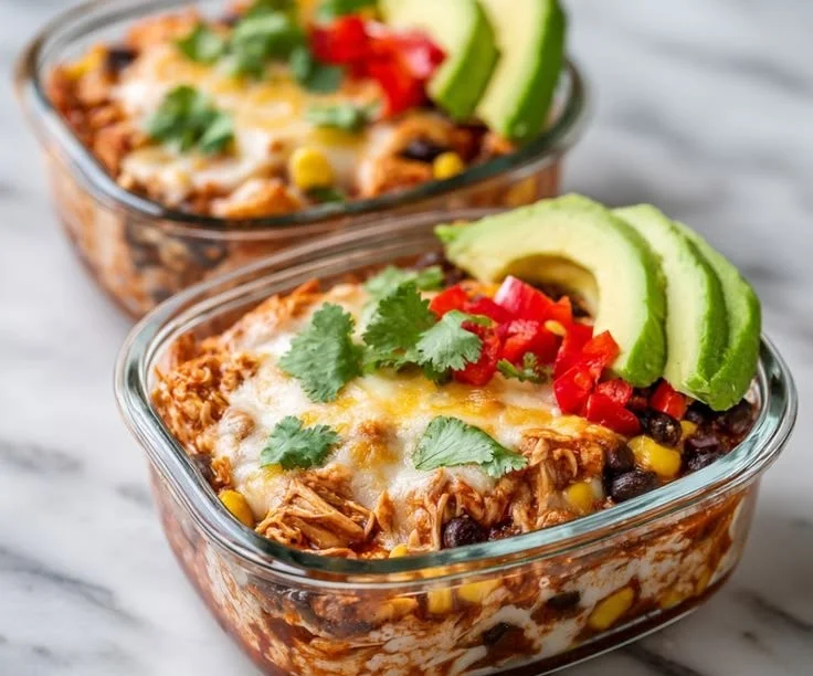 High-protein chicken enchilada bowl with cottage cheese and toppings