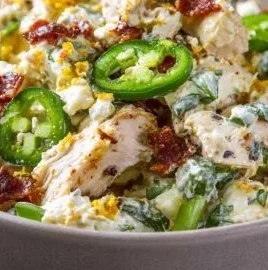 High Protein Jalapeno Popper Chicken Salad with Bacon, Cheese, and Jalapeños