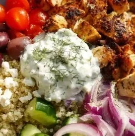 High Protein Mediterranean Chicken Bowls with vegetables and grains