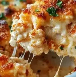 High protein chicken parmesan casserole with melted cheese and marinara sauce