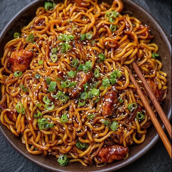 Bowl of Korean spicy chicken noodles topped with green onions and sesame seeds.