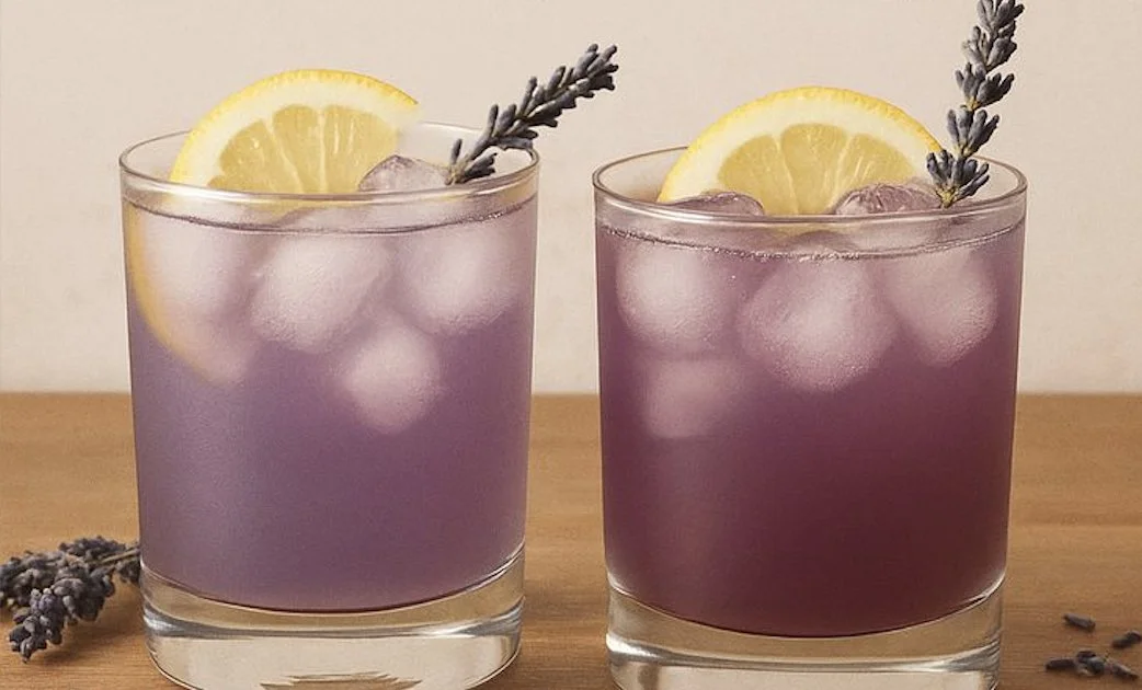 A refreshing lavender mocktail garnished with flowers and lemon.