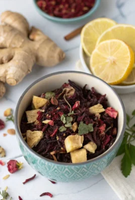 Refreshing hibiscus ginger sun tea served in a glass with ice and a slice of lemon.