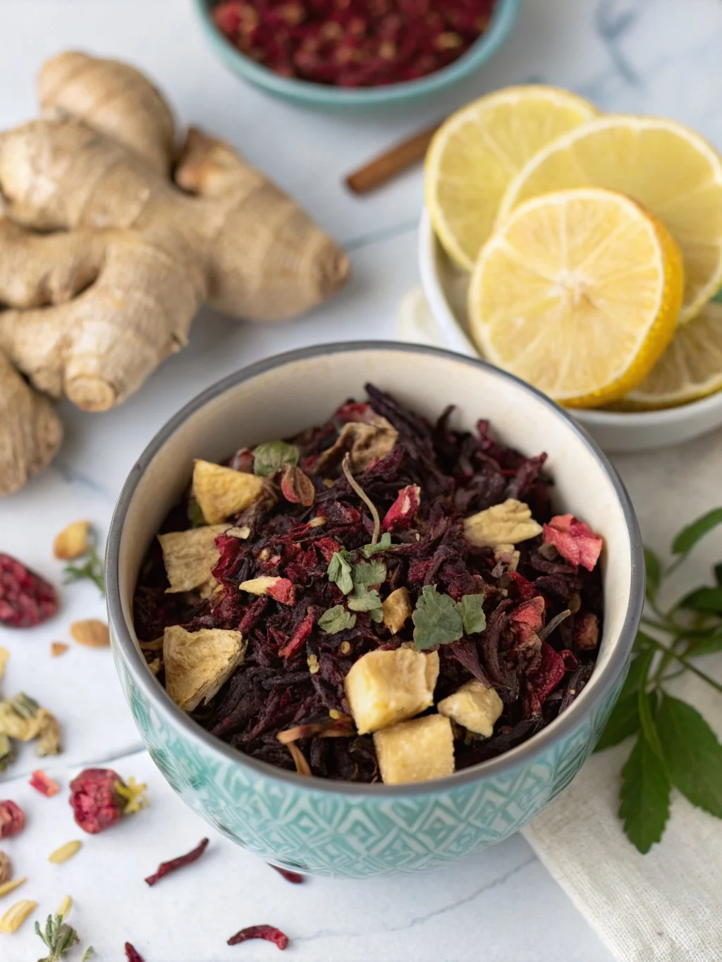 Refreshing hibiscus ginger sun tea served in a glass with ice and a slice of lemon.