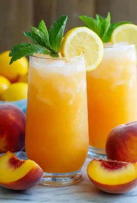 A refreshing glass of peach lemonade garnished with fresh peach slices and mint.