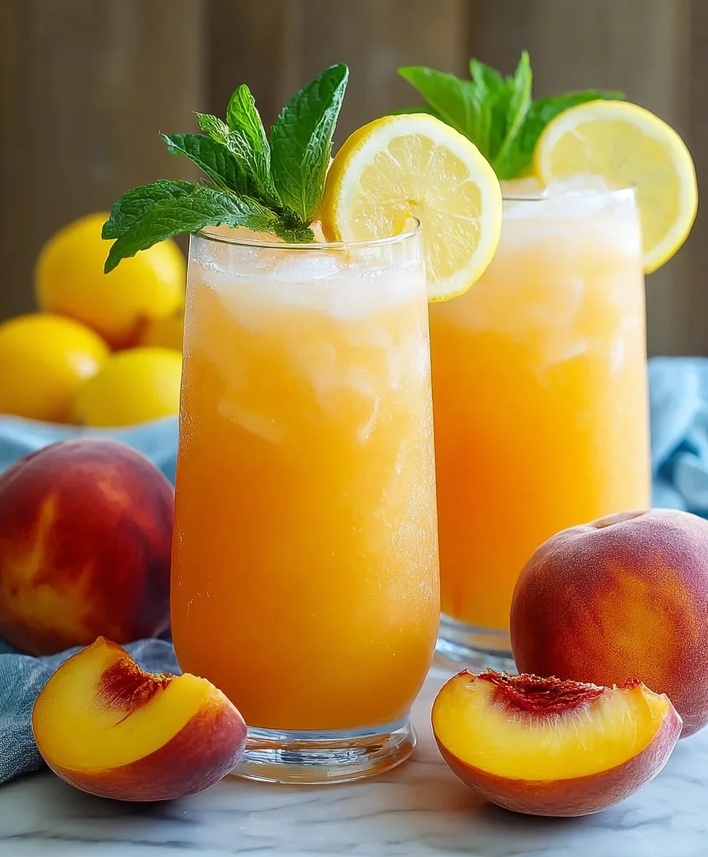 A refreshing glass of peach lemonade garnished with fresh peach slices and mint.