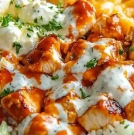 Delicious buffalo chicken protein bowl topped with fresh veggies