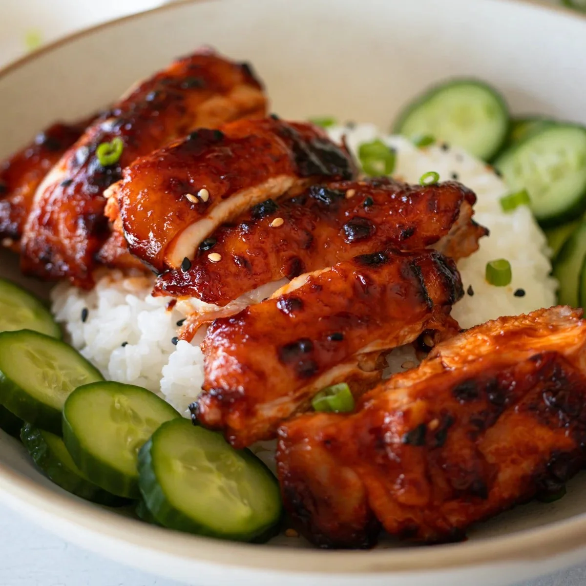 Sticky Honey Gochujang Chicken dish garnished with sesame seeds and green onions