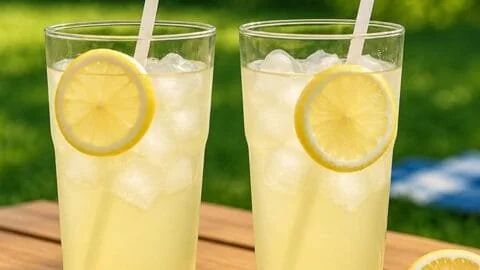 A refreshing glass of homemade lemonade with lemon slices on the rim.