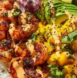 Delicious charred shrimp and avocado bowl, a healthy and flavorful meal
