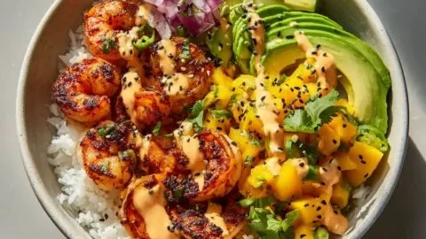 Delicious charred shrimp and avocado bowl, a healthy and flavorful meal