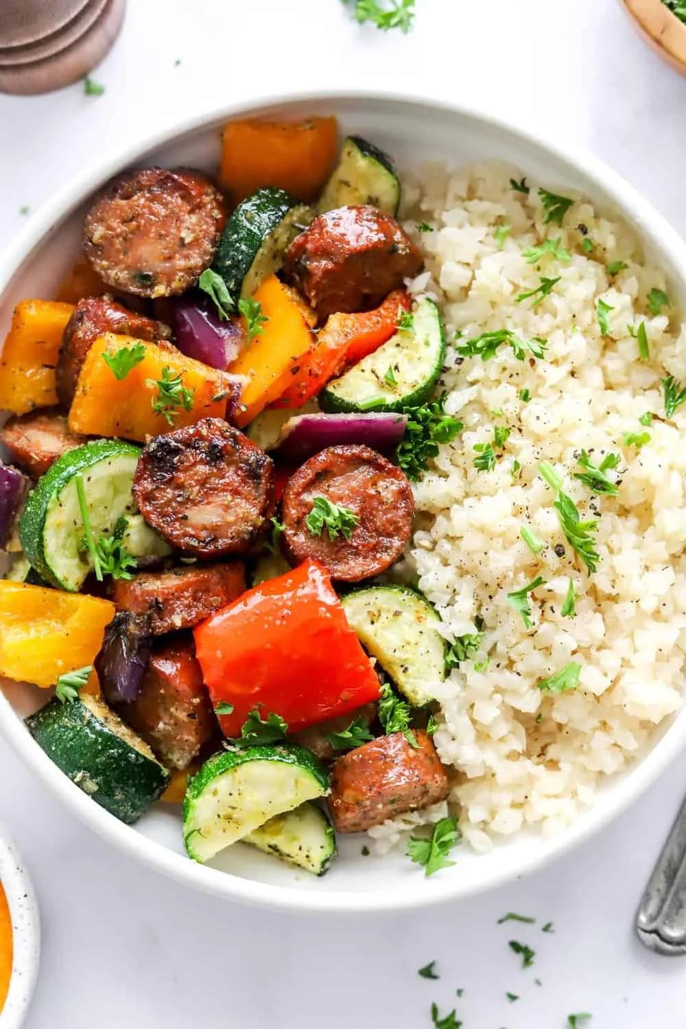 Quick and easy air fryer chicken sausage with colorful veggies