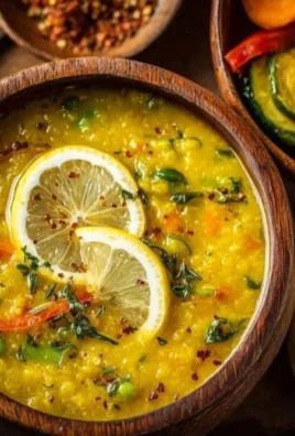 Bowl of anti-inflammatory golden lemon lentil soup with fresh herbs and lemon slices