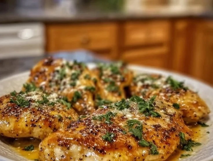 Baked butterfly chicken breast served with vegetables on a plate.