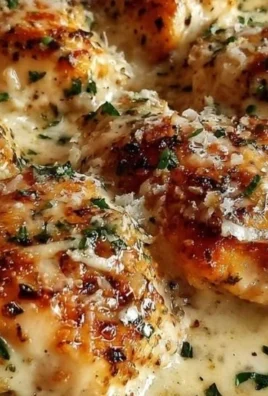 Creamy garlic parmesan chicken garnished with herbs on a plate.
