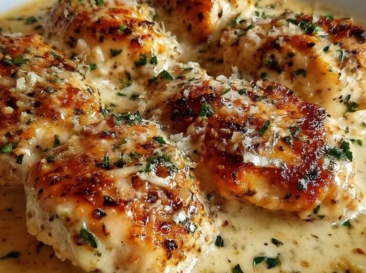 Creamy garlic parmesan chicken garnished with herbs on a plate.