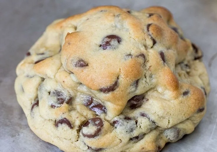 Delicious giant chocolate chip cookies on a plate with chocolate chunks