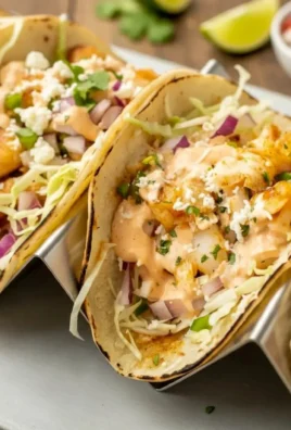 Delicious fish tacos with creamy lime sauce served on a plate