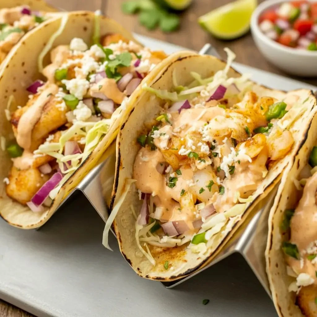 Delicious fish tacos with creamy lime sauce served on a plate