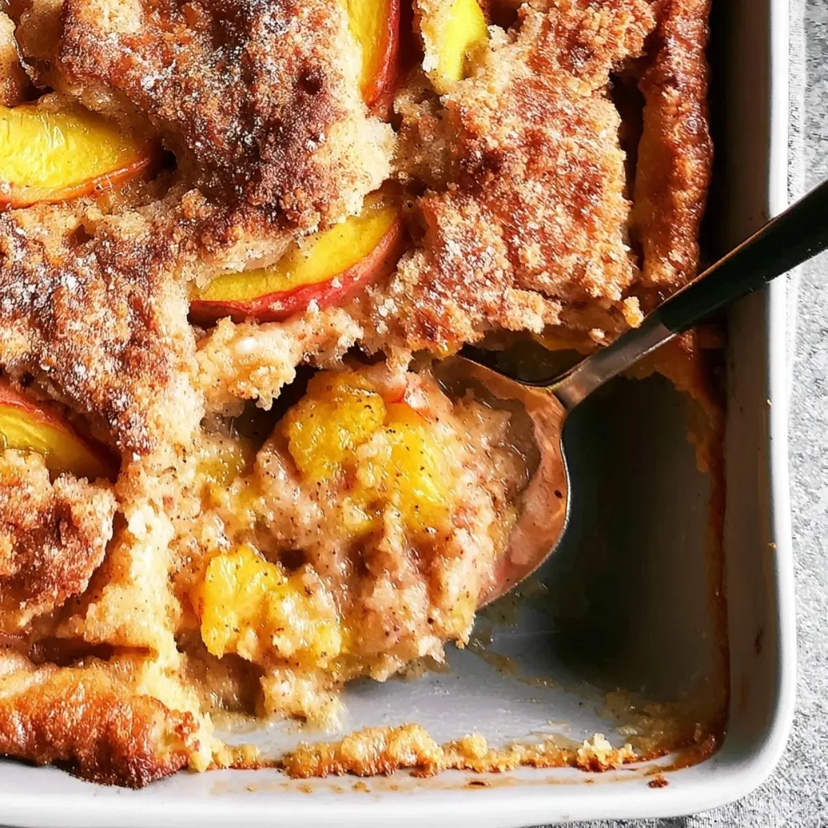 Delicious Bisquick Peach Cobbler served in a dessert dish