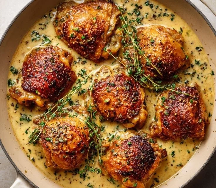 Bobby Flay's chicken thighs served with creamy garlic sauce on a plate
