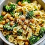 Bowl of broccoli chickpea pasta with garlic olive oil and herbs