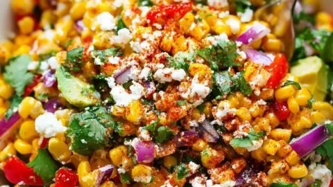 Delicious charred corn salad served in a bowl with fresh vegetables