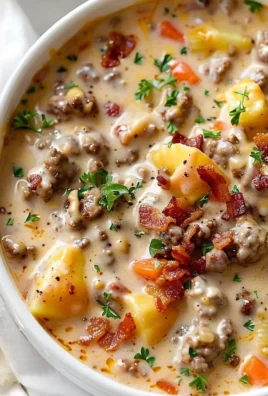 Bowl of delicious cheeseburger soup topped with cheese and herbs