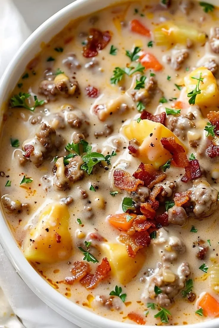 Bowl of delicious cheeseburger soup topped with cheese and herbs