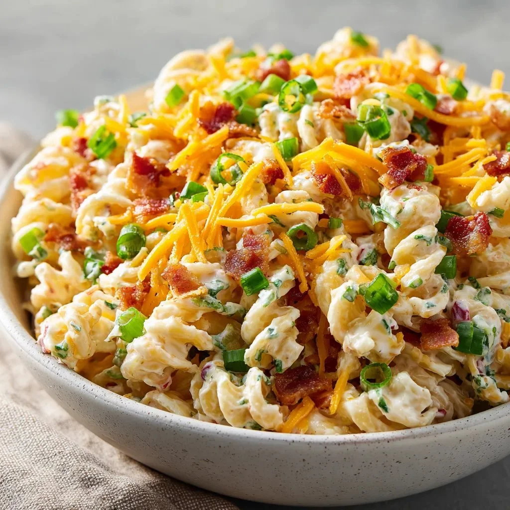 Cheesy bacon ranch pasta salad in a vibrant bowl, garnished with fresh herbs.
