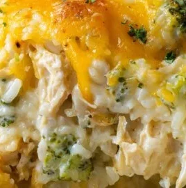 Cheesy broccoli chicken rice casserole fresh from the oven, ready to serve.