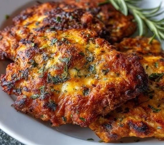 Delicious cheesy crust chicken with a golden, cheesy topping