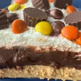 Delicious Chocolate Peanut Butter Lasagna dessert with layers of chocolate and peanut butter.