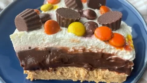 Delicious Chocolate Peanut Butter Lasagna dessert with layers of chocolate and peanut butter.