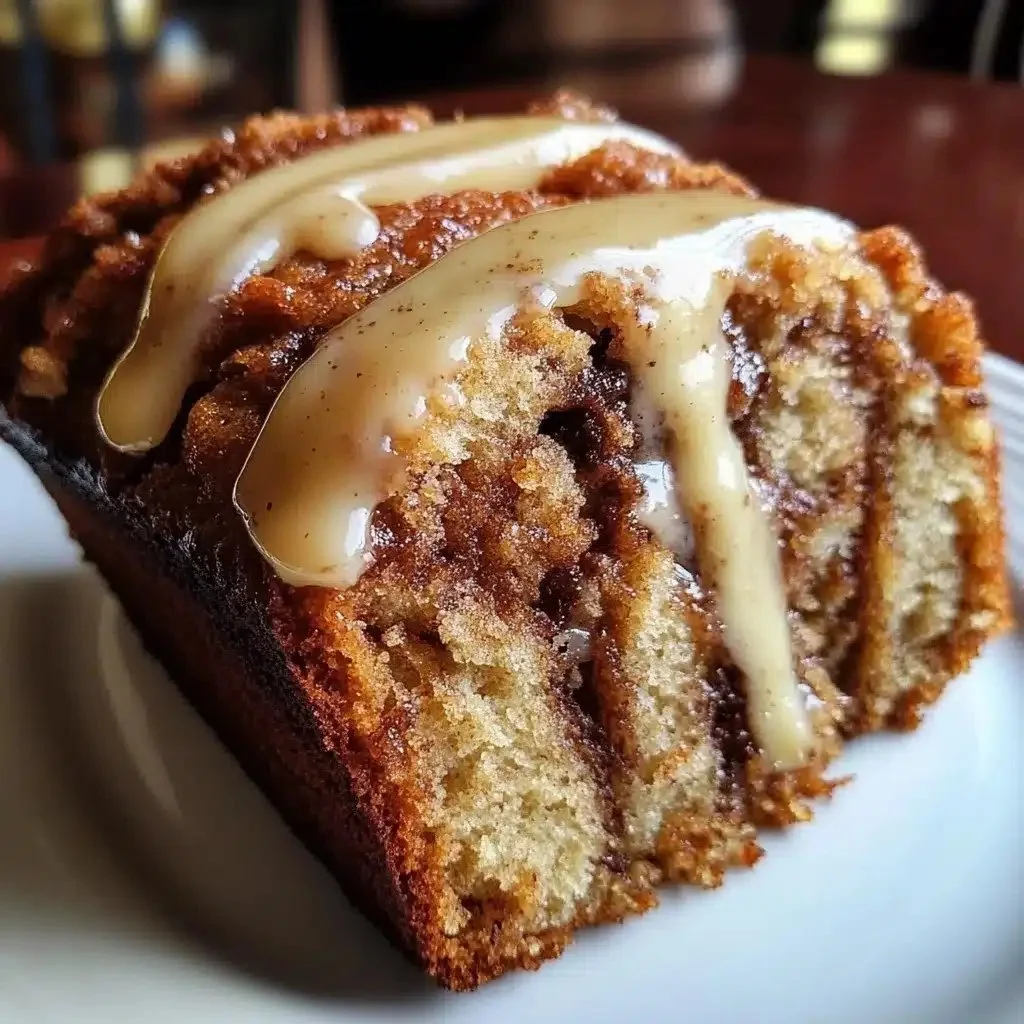 Delicious cinnamon roll banana bread with swirl topping on a wooden table