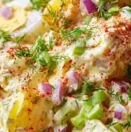 Classic creamy potato salad served in a bowl at a summer cookout