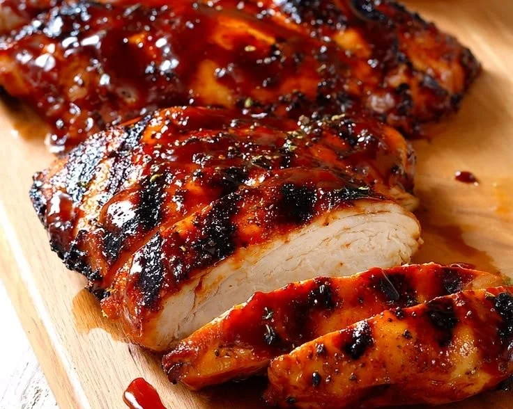 Classic grilled BBQ chicken on a barbecue grill with sauce glazing the meat.